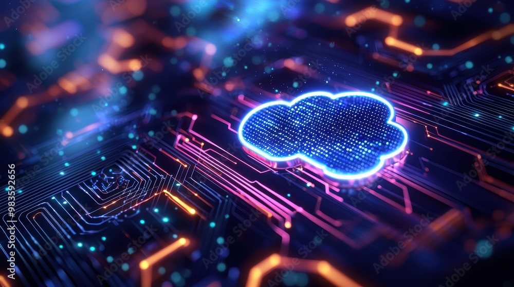Poster digital cloud computing concept with vibrant circuit board background.