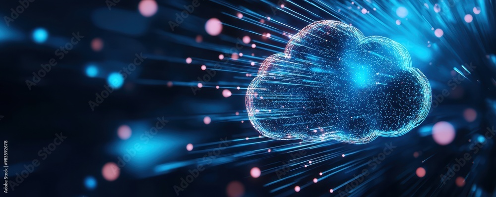 Poster digital cloud concept with vibrant data streams and glowing particles in blue tones.
