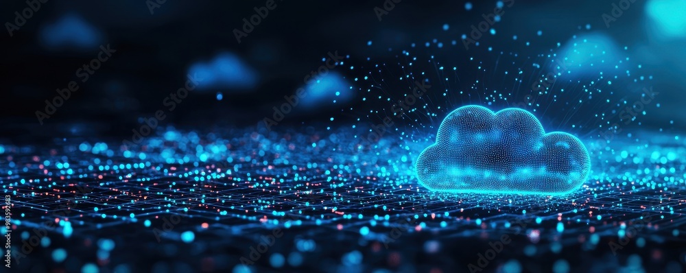 Poster digital cloud icon with glowing dots on dark background, representing data storage.