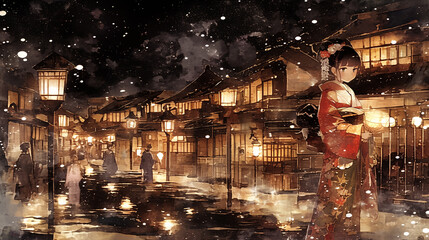 Obraz premium oiran, sumi-e, ink painting, Japanese painting, red light district, gorgeous, beautiful, kimono, hairpin, edo period, meiji, japan, sex appeal, traditional