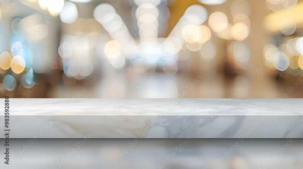 Poster white marble countertop with blurred bokeh lights background for product display