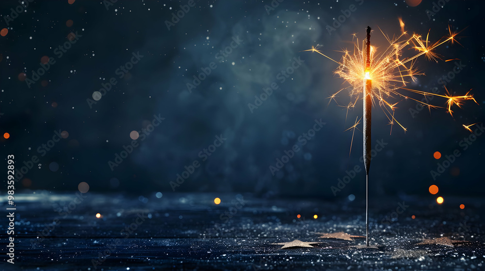 Poster a sparkler burning brightly against a dark, blurry background with bokeh lights, creating a festive 