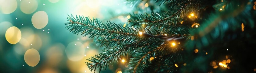 Close-up of a pine branch adorned with warm Christmas lights against a soft bokeh background, evoking a festive winter atmosphere.