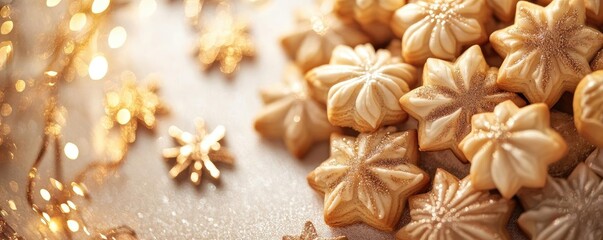 Delicious golden cookies shaped like stars, perfect for festive occasions and holiday celebrations, creating a warm and inviting atmosphere.