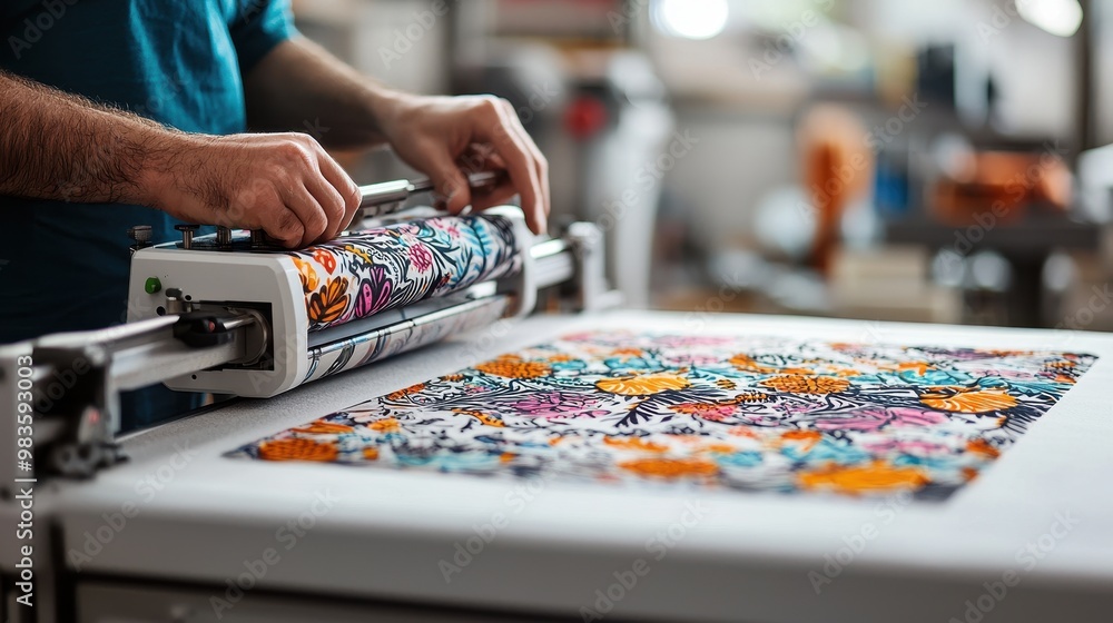 Poster hands rolling a vibrant patterned fabric through a printing machine in a creative workspace.