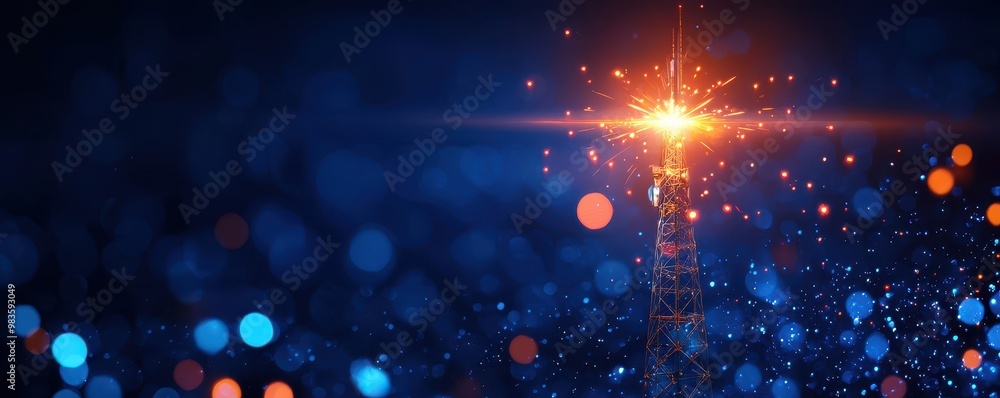 Poster illuminated communication tower against abstract bokeh background.