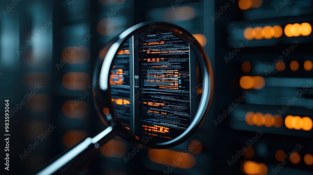 Poster magnifying glass focusing on code within a server room, futuristic technology theme.