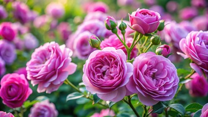 Fototapeta premium Beautiful mauve pink Darcey Bussel roses blooming in a serene rose garden