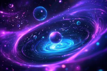 Glowing spheres of vibrant colors orbiting around a central point in space, symbolizing the vastness of creative ideas