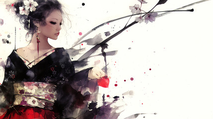 Fototapeta premium oiran, sumi-e, ink painting, Japanese painting, red light district, gorgeous, beautiful, kimono, hairpin, edo period, meiji, japan, sex appeal, traditional