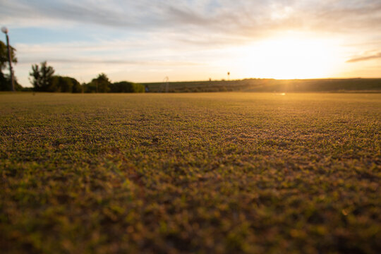 Paisaje de pradera con c&eacute;sped corto durante el atardecer