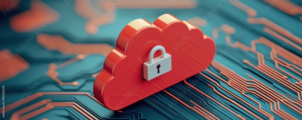 Poster red cloud with a padlock on a digital circuit background.
