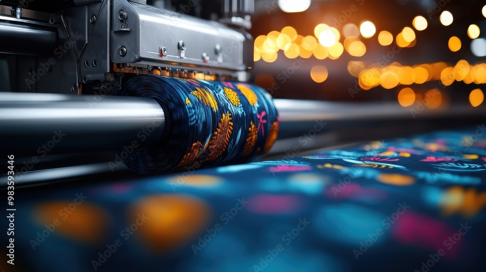 Poster textile printing machine with colorful fabric in a creative workshop environment.