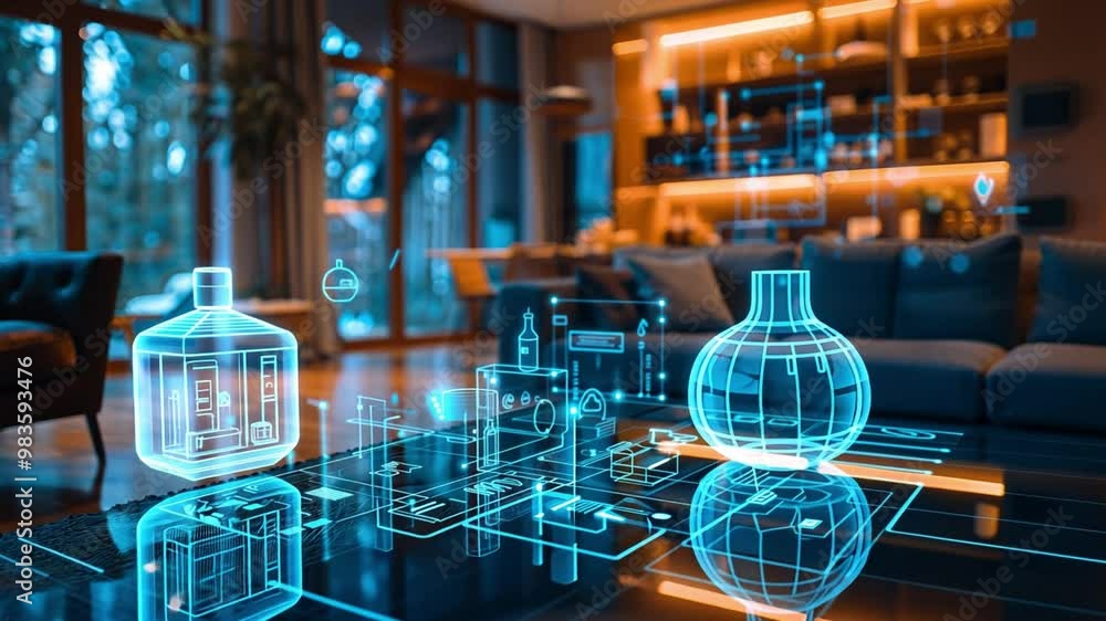 Poster a modern living room features a holographic display of design elements, merging technology with inte