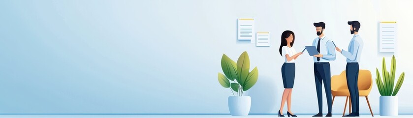 Team collaboration in modern office setting with plants, blue background.