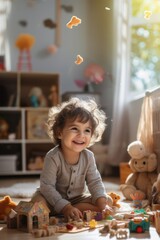 A young child is sitting on the floor surrounded by toys, including a teddy bear