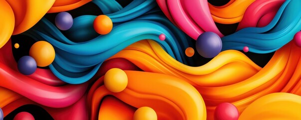 Vibrant colorful abstract waves and spheres on dark background, perfect for design.