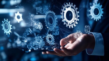 Businessman Holding Holographic Gears Network