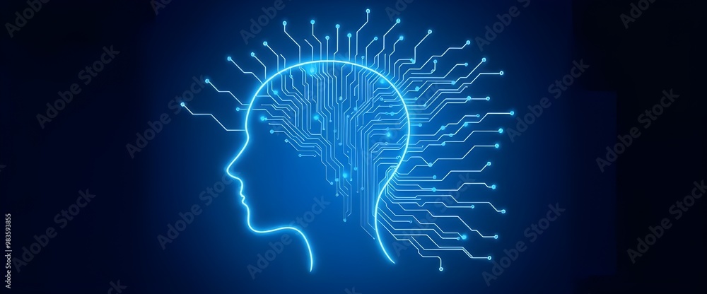 Poster a sleek digital human head outline, connected to a complex network of circuits spreading out like a 