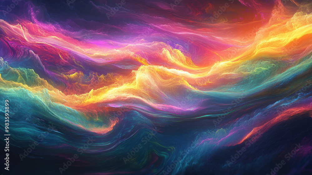 Poster a glowing river of colors flows through an abstract landscape, creating mesmerizing visual experienc