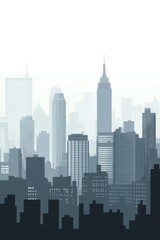 Obraz premium Skyline of a modern city featuring skyscrapers in shades of grey depicted in a flat style 2D cartoon illustration