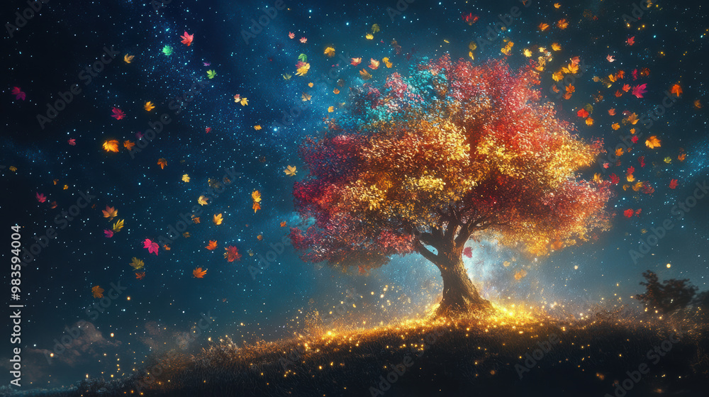 Poster a glowing tree with multicolored leaves stands majestically against starry sky, surrounded by floati