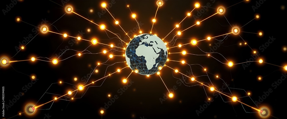 Poster a network of glowing neural pathways originating from a stylized globe in the center.