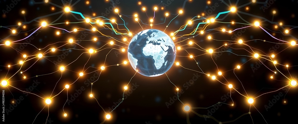 Poster a network of glowing neural pathways originating from a stylized globe in the center.