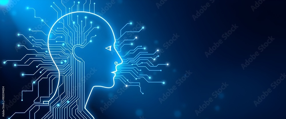Poster a sleek digital human head outline, connected to a complex network of circuits spreading out like a 