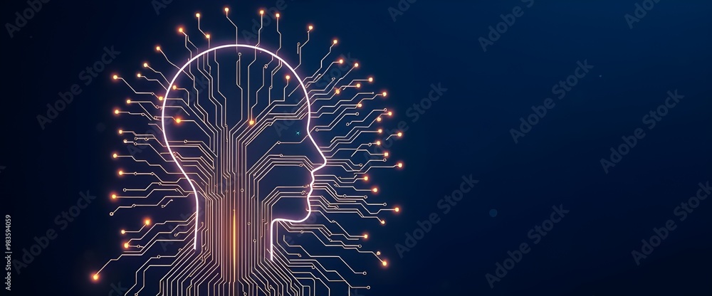 Aufkleber a sleek digital human head outline, connected to a complex network of circuits spreading out like a 