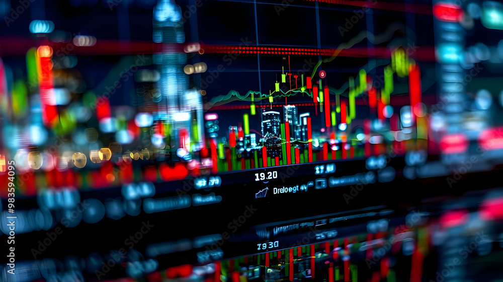 Poster a close-up view of a stock market chart with red and green candlesticks displaying fluctuations in f