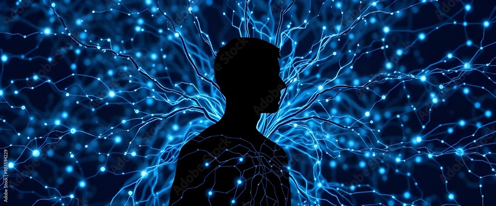 Poster a machine learning silhouette surrounded by a vast, intricate web of neurons glowing with soft blue 