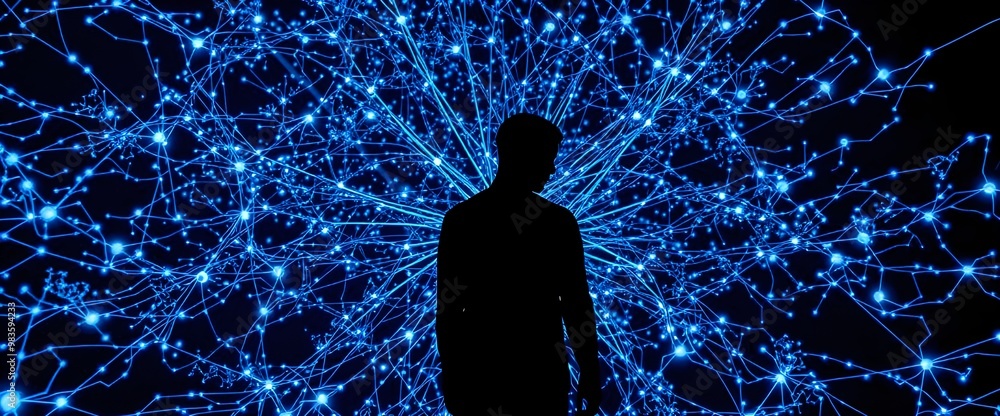 Poster a machine learning silhouette surrounded by a vast, intricate web of neurons glowing with soft blue 