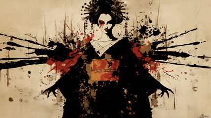 oiran, sumi-e, ink painting, Japanese painting, red light district, gorgeous, beautiful, kimono, hairpin, edo period, meiji, japan, sex appeal, traditional © ra-ira