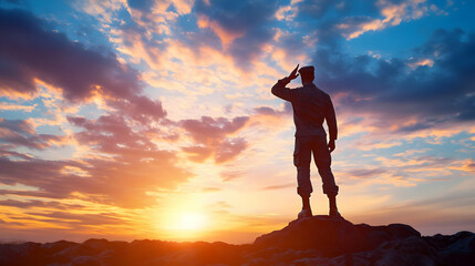 Silhouette of a Soldier Saluting the Sunset on a Rocky Mountaintop