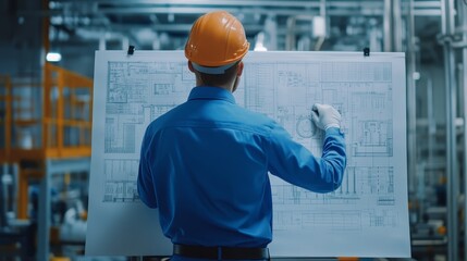 Engineer Reviewing Blueprint in Factory