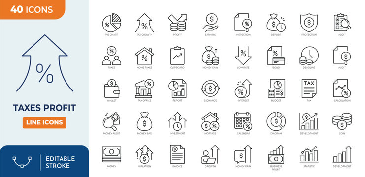 taxes profit Icon set. Outline Icon Collection. Vector illustration. Editable stroke