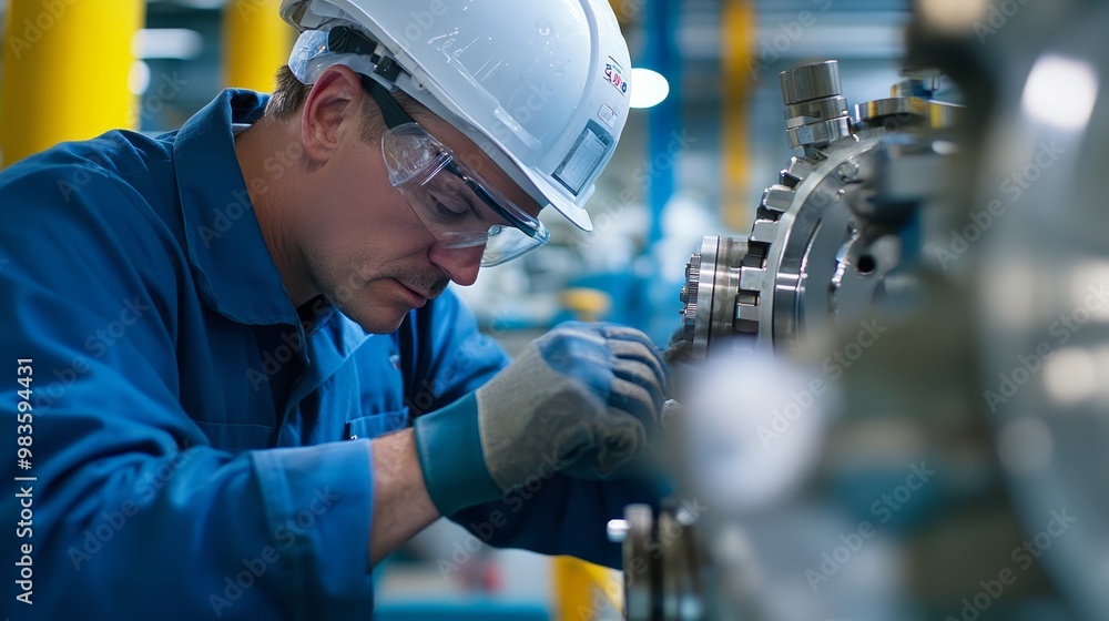 Poster industrial worker inspecting machine in factory setting