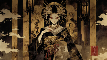 oiran, sumi-e, ink painting, Japanese painting, red light district, gorgeous, beautiful, kimono, hairpin, edo period, meiji, japan, sex appeal, traditional
