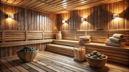 Rustic wooden sauna interior with benches, stove, rocks, towels, and relaxing atmosphere