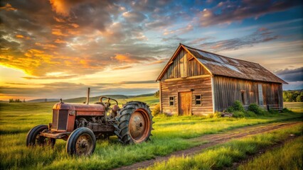 Obraz premium Rusty vintage tractor by a weathered barn in a scenic field landscape