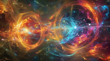 Artistic representation of entangled photons connected by energy streams amidst cosmic colors