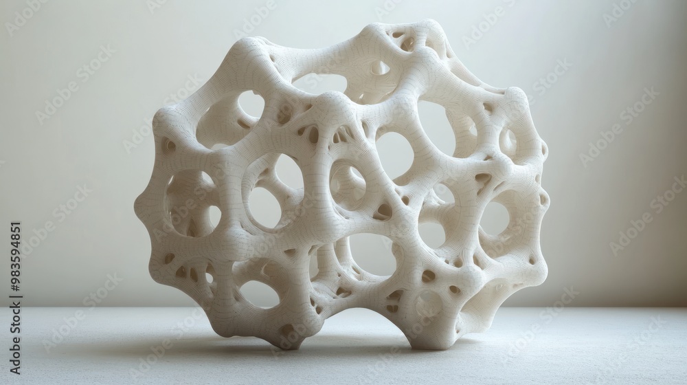 Poster abstract 3d-printed sculpture with intricate open structure.