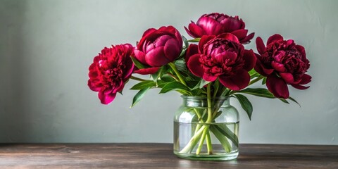Obraz premium Elegant home decor with dark red peonies in stylish glass jar for interior design projects