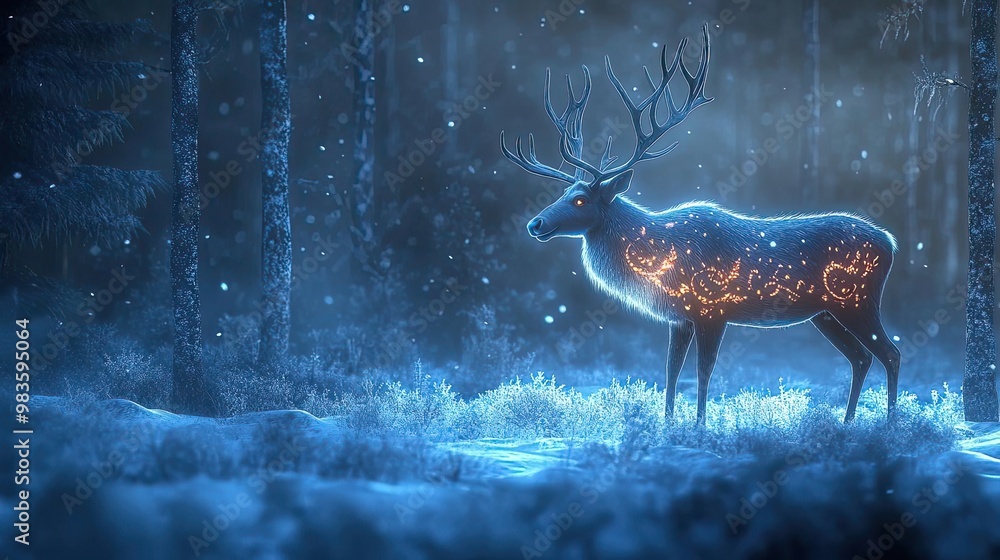 Poster a glowing reindeer in a snowy forest, illuminated with enchanting lights, creating a magical winter 