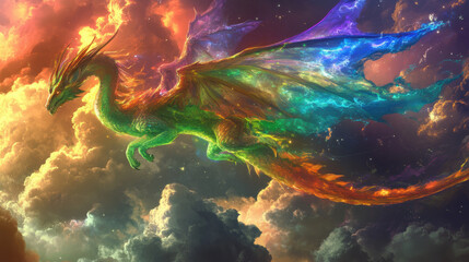 A rainbow colored dragon soars through vibrant clouds, showcasing its majestic wings and colorful scales. scene evokes sense of wonder and fantasy