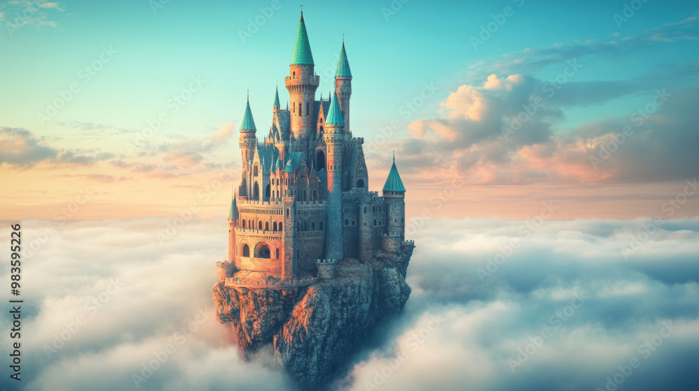 Poster a surreal colorful castle floating above sea of clouds, showcasing intricate architecture and vibran
