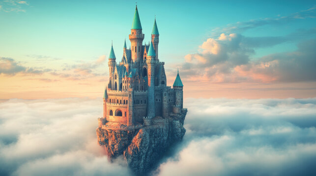 A surreal colorful castle floating above sea of clouds, showcasing intricate architecture and vibrant colors. scene evokes sense of wonder and fantasy