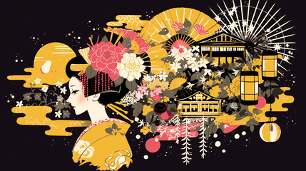 oiran, sumi-e, ink painting, Japanese painting, red light district, gorgeous, beautiful, kimono, hairpin, edo period, meiji, japan, sex appeal, traditional