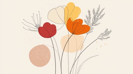 Line art illustration of an abstract geometric and botanical flower arrangement